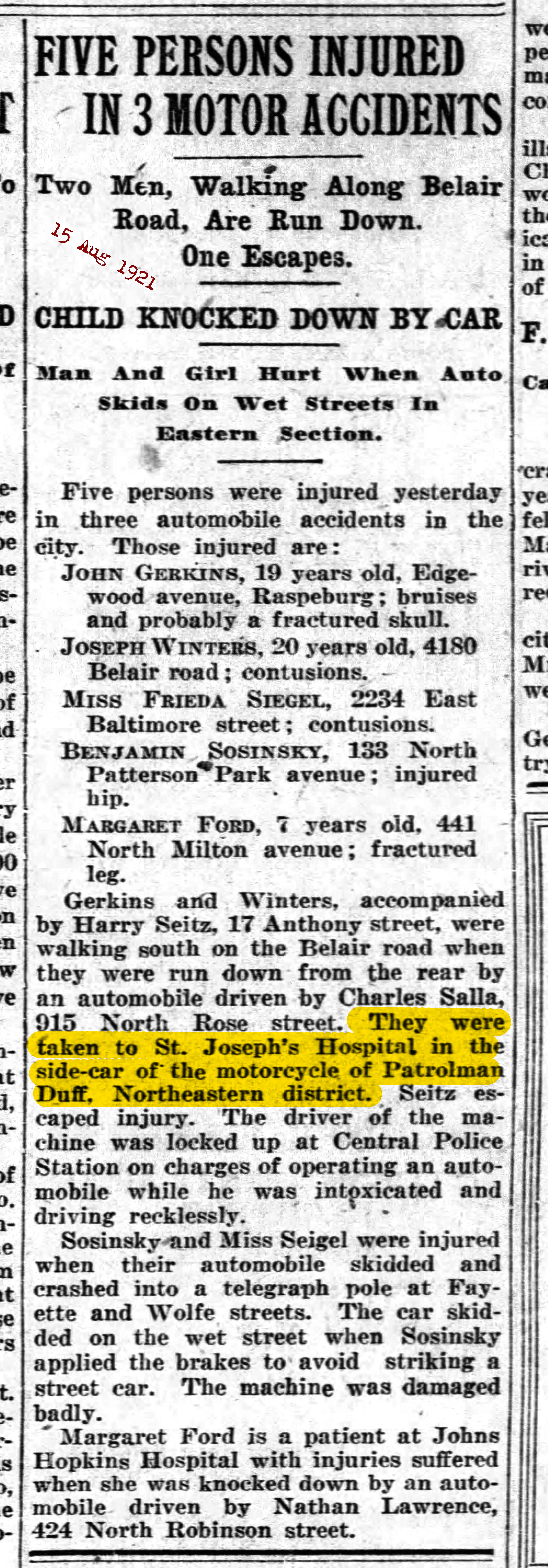The Baltimore Sun Mon Aug 15 1921 sidecar highlighted